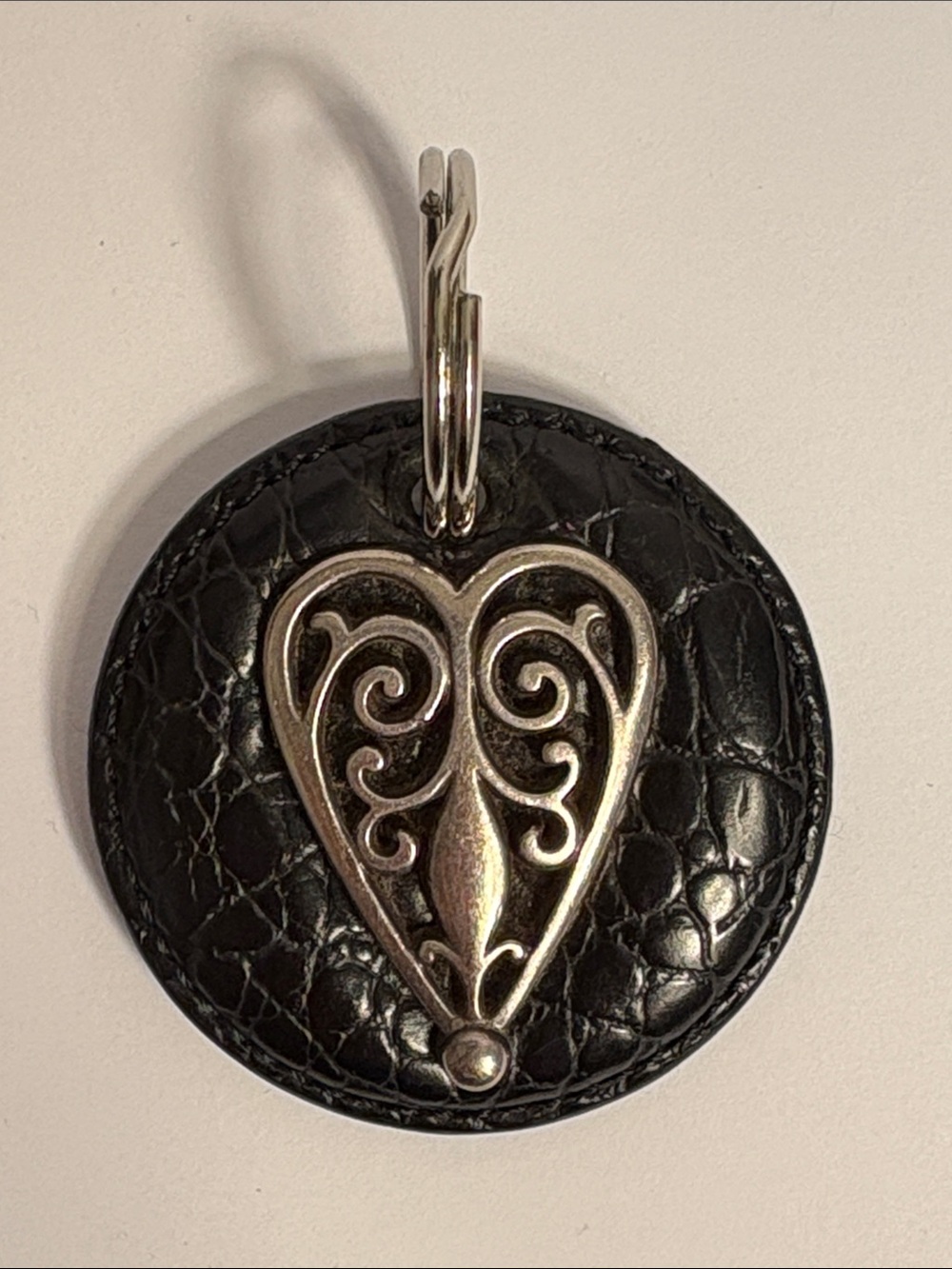 Brighton Vintage Silver Filigree Scroll Heart Croc-Embossed Leather Key Fob